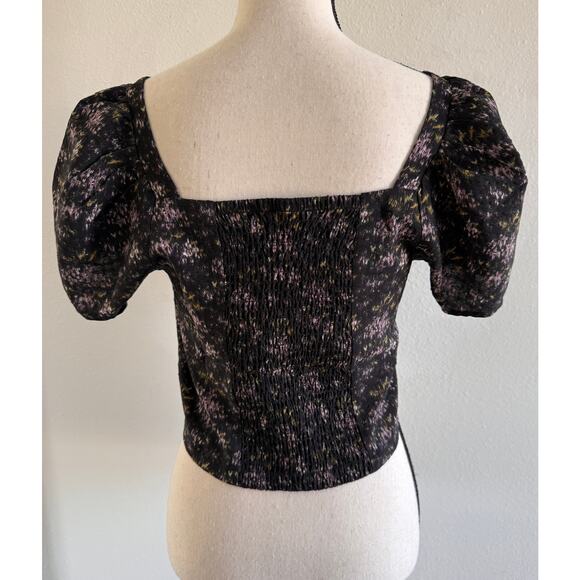Madewell Hopewell NWOT Puff-Sleeve Black Smocked Crop Top in Blurred Ikat Small - Picture 6 of 12